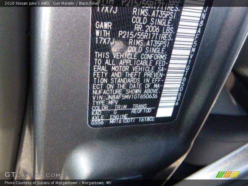 2016 Juke S AWD Gun Metallic Color Code KAD