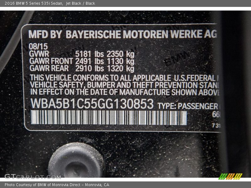 Jet Black / Black 2016 BMW 5 Series 535i Sedan