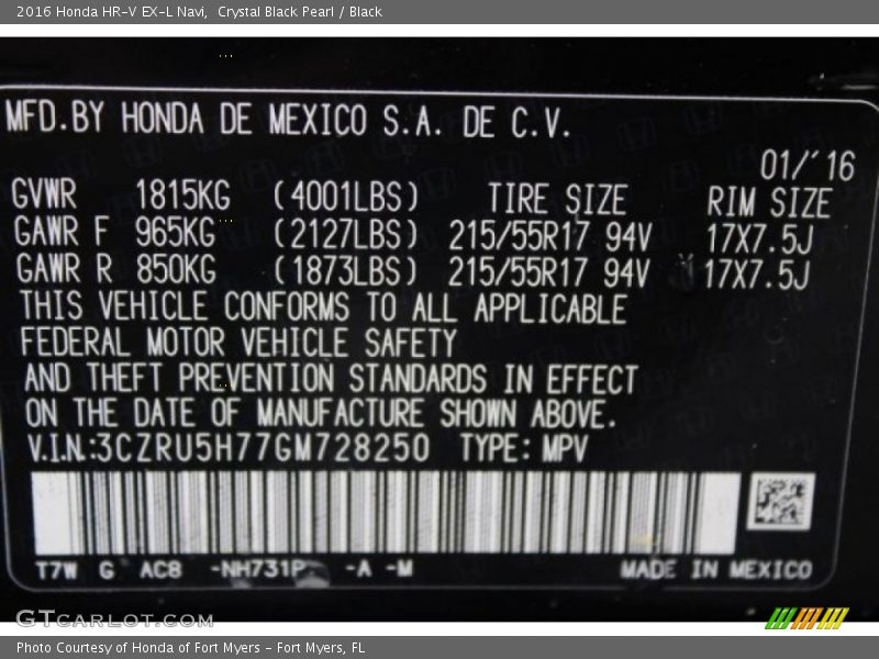 Crystal Black Pearl / Black 2016 Honda HR-V EX-L Navi