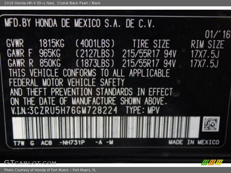 Crystal Black Pearl / Black 2016 Honda HR-V EX-L Navi