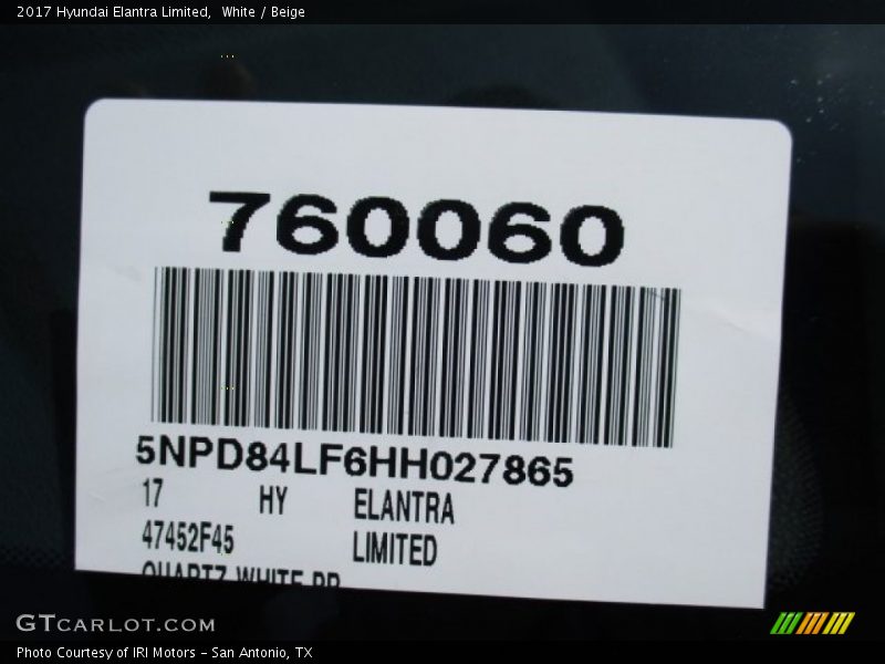 White / Beige 2017 Hyundai Elantra Limited