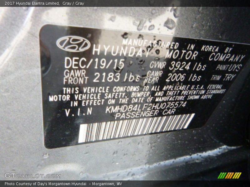 2017 Elantra Limited Gray Color Code UYS