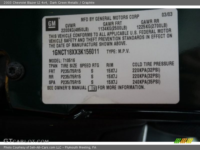 Dark Green Metallic / Graphite 2003 Chevrolet Blazer LS 4x4