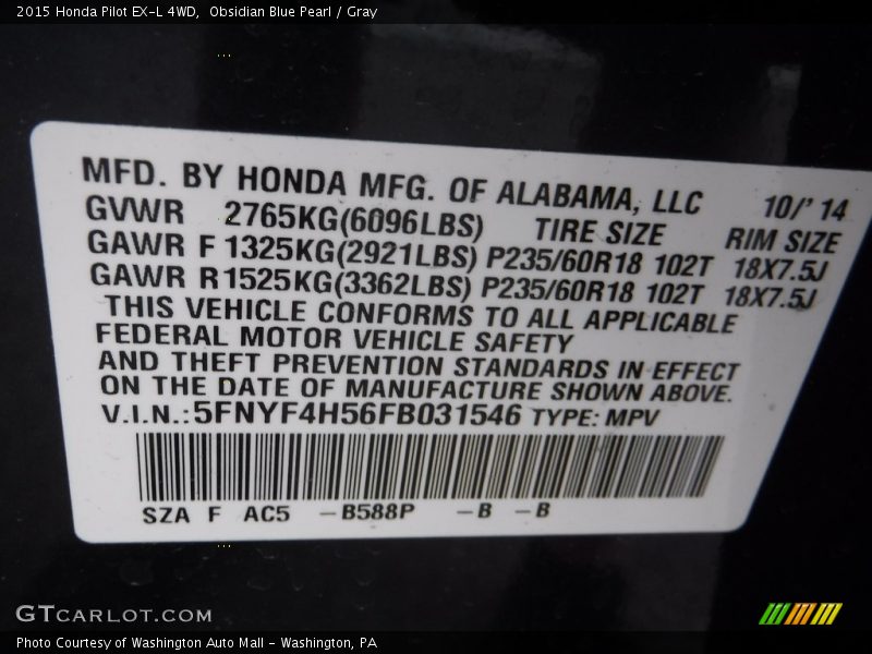 Obsidian Blue Pearl / Gray 2015 Honda Pilot EX-L 4WD