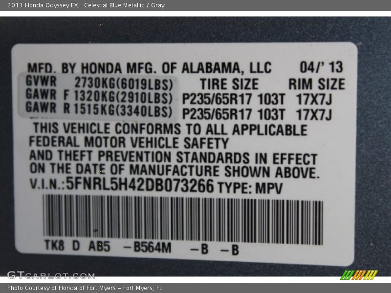 Celestial Blue Metallic / Gray 2013 Honda Odyssey EX