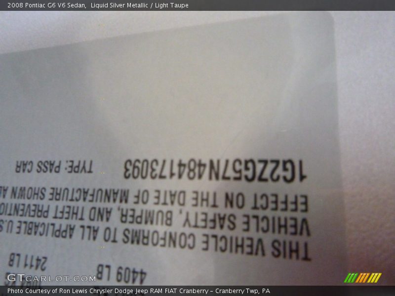 Liquid Silver Metallic / Light Taupe 2008 Pontiac G6 V6 Sedan