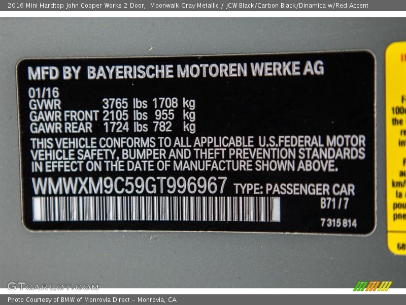 2016 Hardtop John Cooper Works 2 Door Moonwalk Gray Metallic Color Code B71
