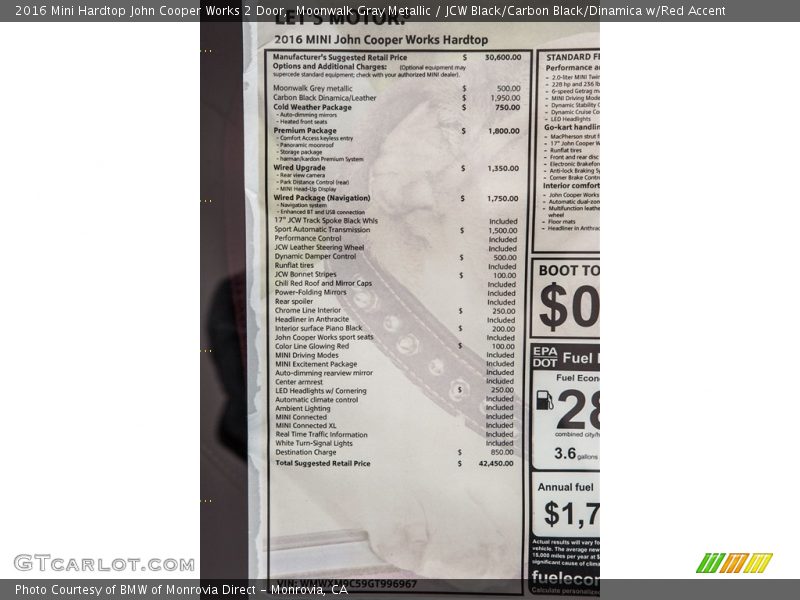  2016 Hardtop John Cooper Works 2 Door Window Sticker