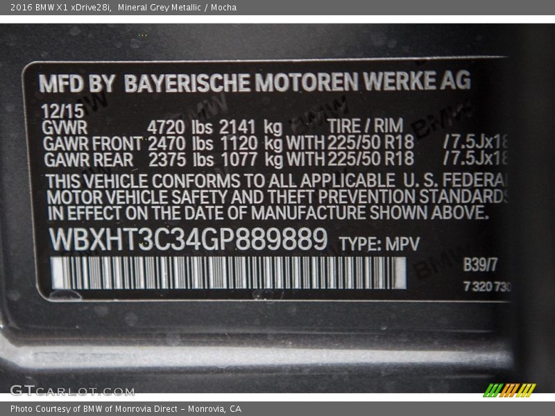Mineral Grey Metallic / Mocha 2016 BMW X1 xDrive28i