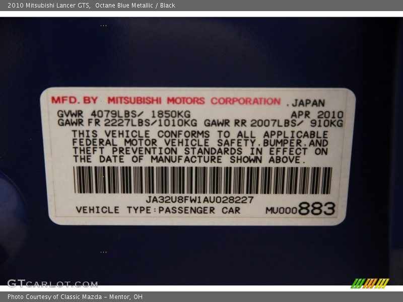 Octane Blue Metallic / Black 2010 Mitsubishi Lancer GTS