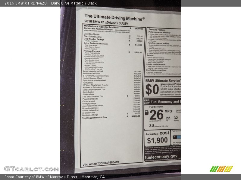  2016 X1 xDrive28i Window Sticker
