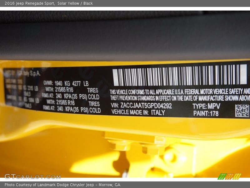 2016 Renegade Sport Solar Yellow Color Code 178