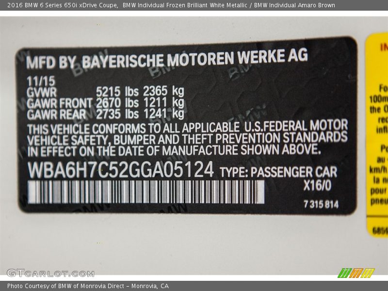 2016 6 Series 650i xDrive Coupe BMW Individual Frozen Brilliant White Metallic Color Code X16