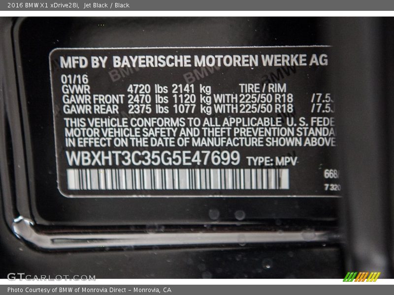 Jet Black / Black 2016 BMW X1 xDrive28i
