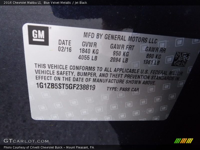 Blue Velvet Metallic / Jet Black 2016 Chevrolet Malibu LS
