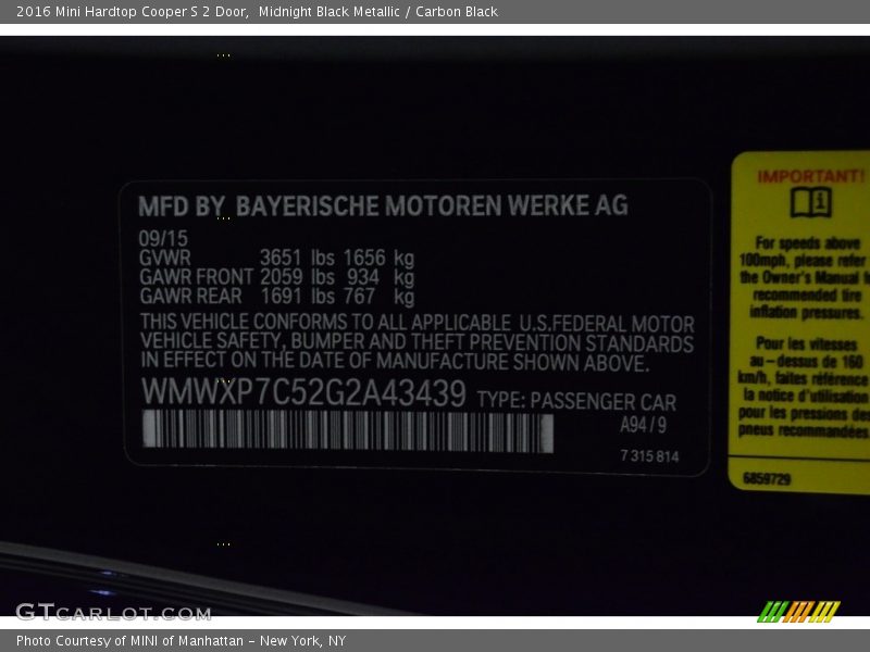 Midnight Black Metallic / Carbon Black 2016 Mini Hardtop Cooper S 2 Door