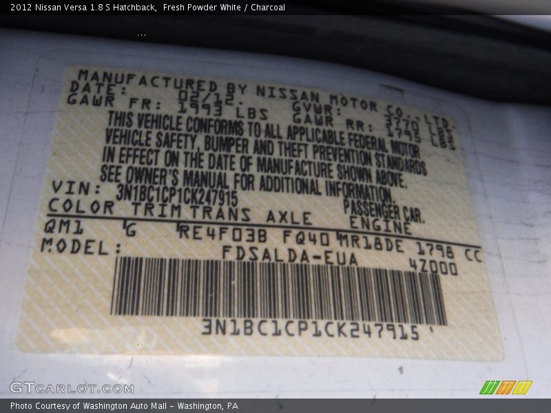 Fresh Powder White / Charcoal 2012 Nissan Versa 1.8 S Hatchback