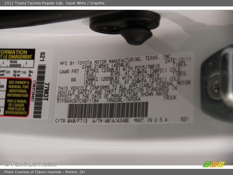 Super White / Graphite 2012 Toyota Tacoma Regular Cab