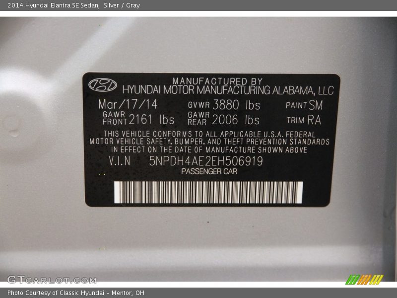 Silver / Gray 2014 Hyundai Elantra SE Sedan