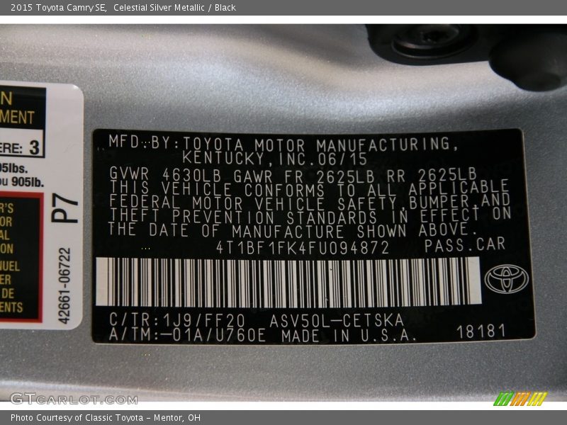 Celestial Silver Metallic / Black 2015 Toyota Camry SE