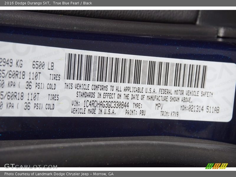 2016 Durango SXT True Blue Pearl Color Code PBU