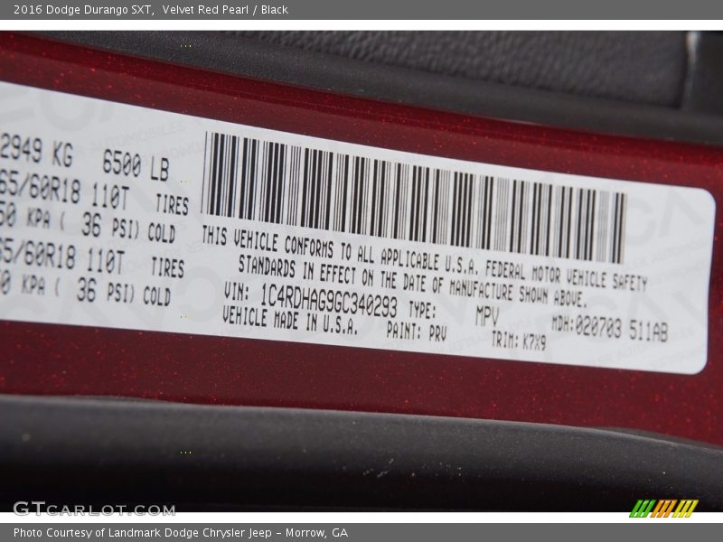2016 Durango SXT Velvet Red Pearl Color Code PRV