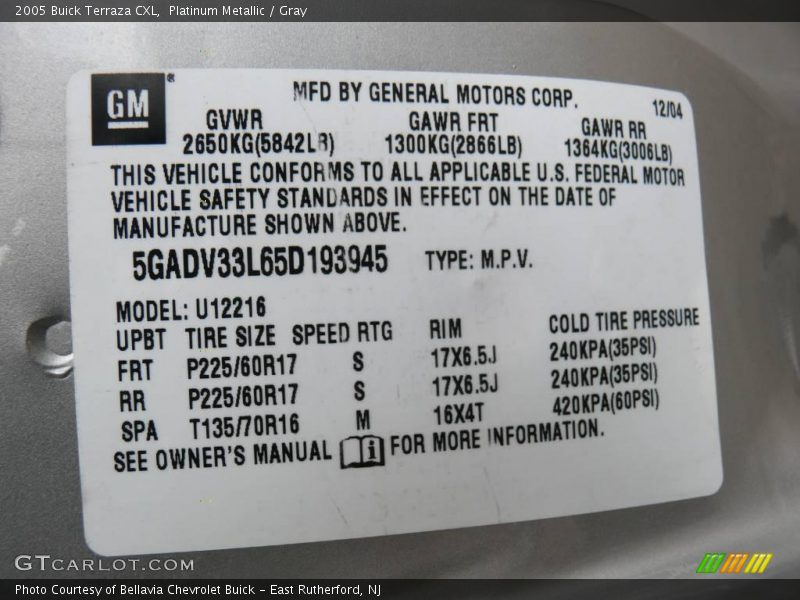 Platinum Metallic / Gray 2005 Buick Terraza CXL
