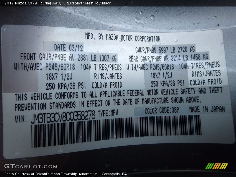 Liquid Silver Meatllic / Black 2012 Mazda CX-9 Touring AWD