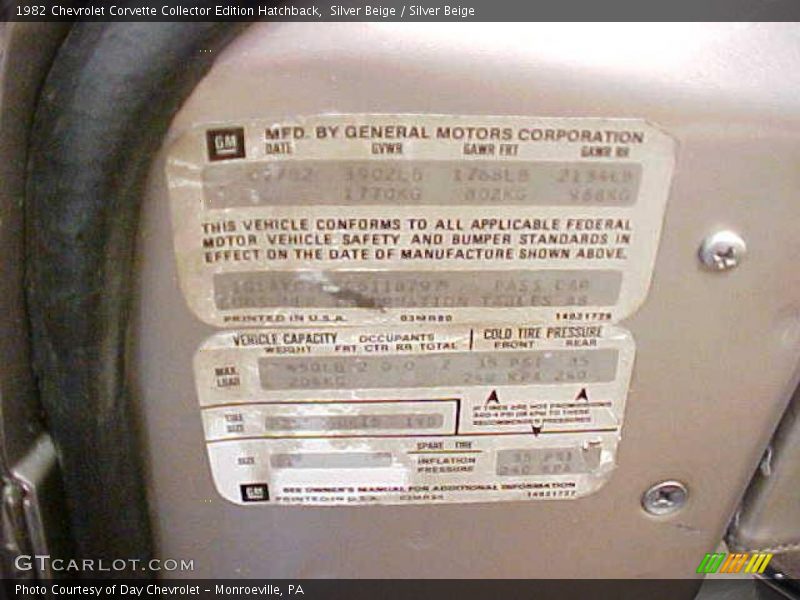 Info Tag of 1982 Corvette Collector Edition Hatchback