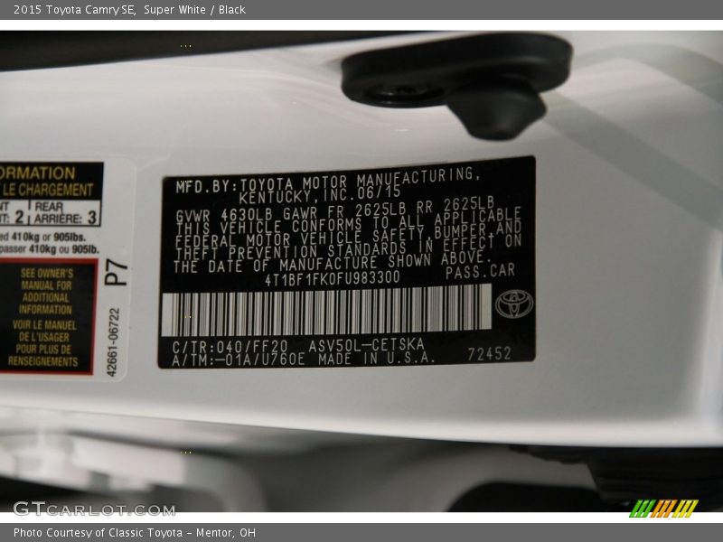 2015 Camry SE Super White Color Code 040