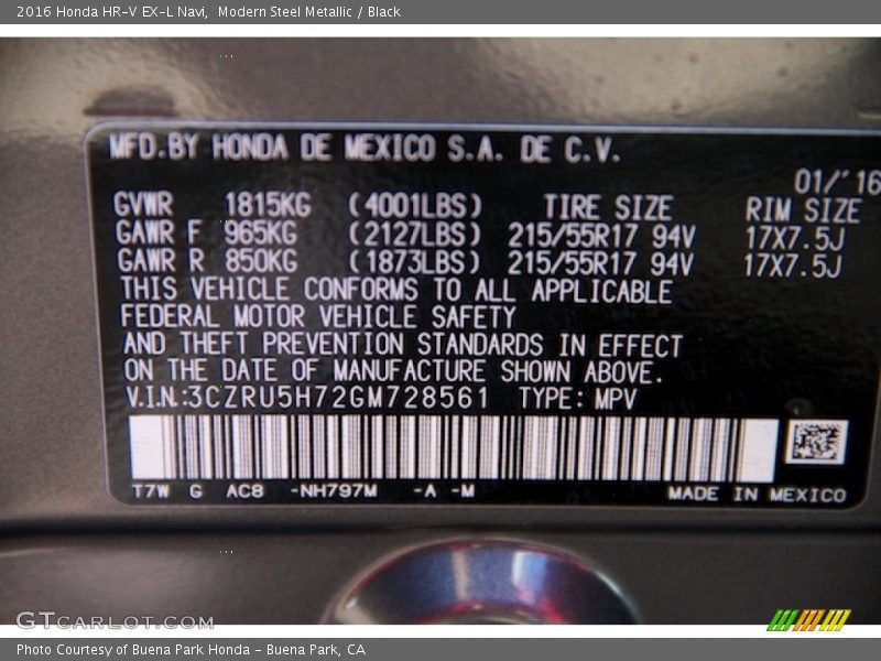Modern Steel Metallic / Black 2016 Honda HR-V EX-L Navi