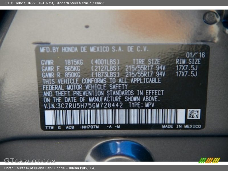 Modern Steel Metallic / Black 2016 Honda HR-V EX-L Navi