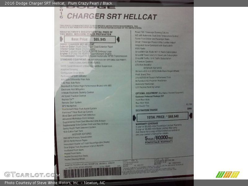  2016 Charger SRT Hellcat Window Sticker