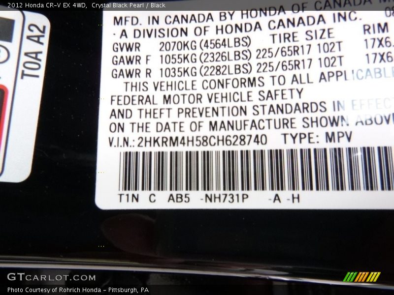 Crystal Black Pearl / Black 2012 Honda CR-V EX 4WD