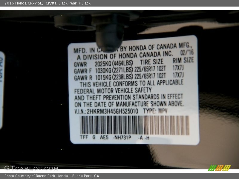 Crystal Black Pearl / Black 2016 Honda CR-V SE