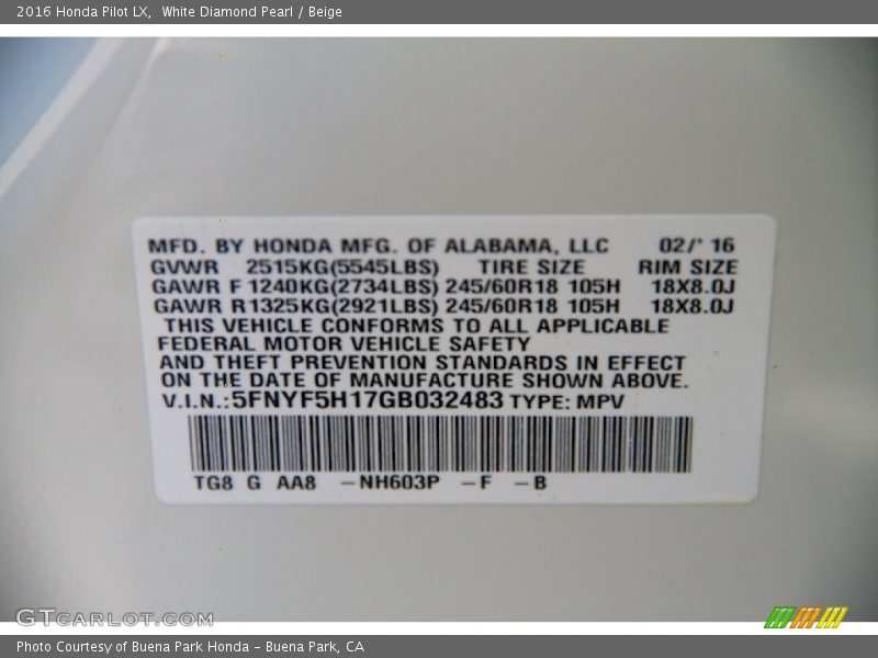 White Diamond Pearl / Beige 2016 Honda Pilot LX