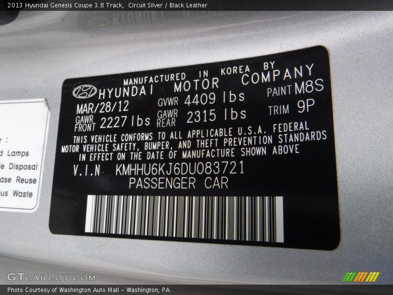 Circuit Silver / Black Leather 2013 Hyundai Genesis Coupe 3.8 Track