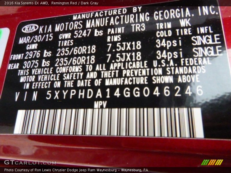2016 Sorento EX AWD Remington Red Color Code TR3