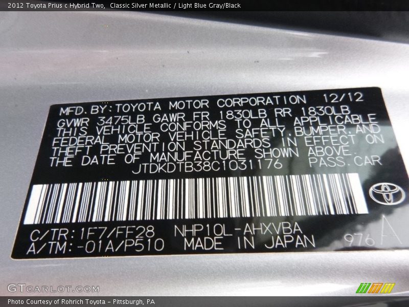 Classic Silver Metallic / Light Blue Gray/Black 2012 Toyota Prius c Hybrid Two