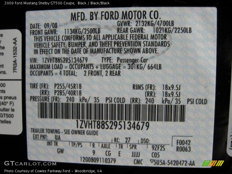 Black / Black/Black 2009 Ford Mustang Shelby GT500 Coupe