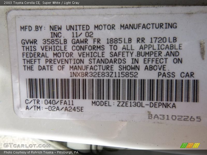 Super White / Light Gray 2003 Toyota Corolla CE
