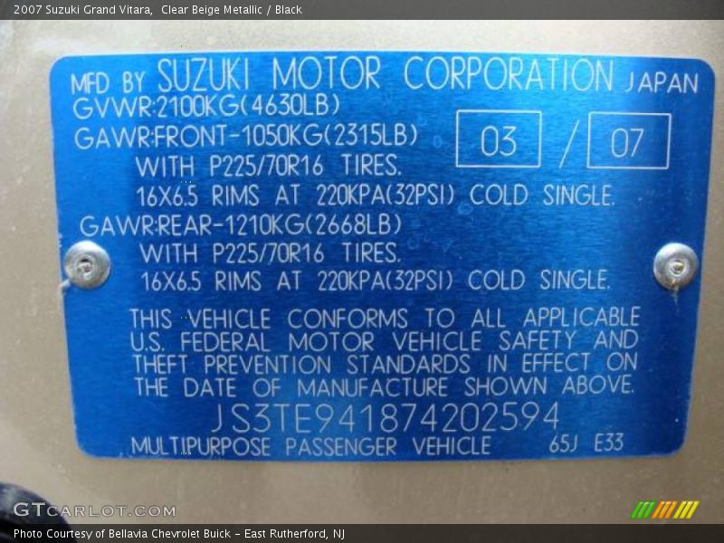 Clear Beige Metallic / Black 2007 Suzuki Grand Vitara