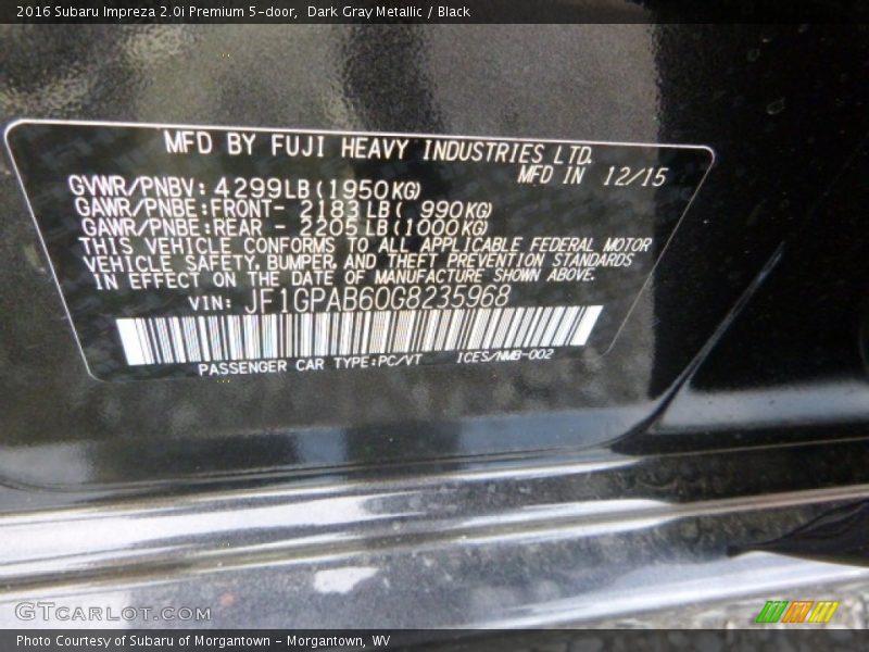 Dark Gray Metallic / Black 2016 Subaru Impreza 2.0i Premium 5-door