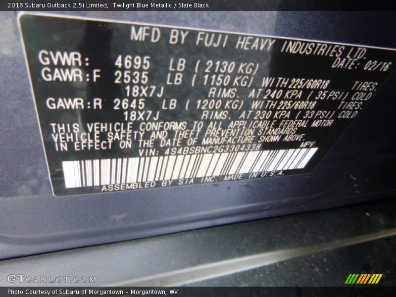 Twilight Blue Metallic / Slate Black 2016 Subaru Outback 2.5i Limited