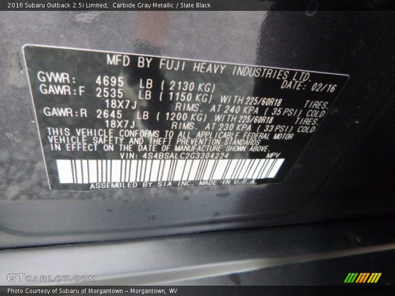 Carbide Gray Metallic / Slate Black 2016 Subaru Outback 2.5i Limited