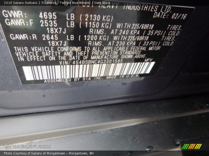 Twilight Blue Metallic / Slate Black 2016 Subaru Outback 2.5i Limited