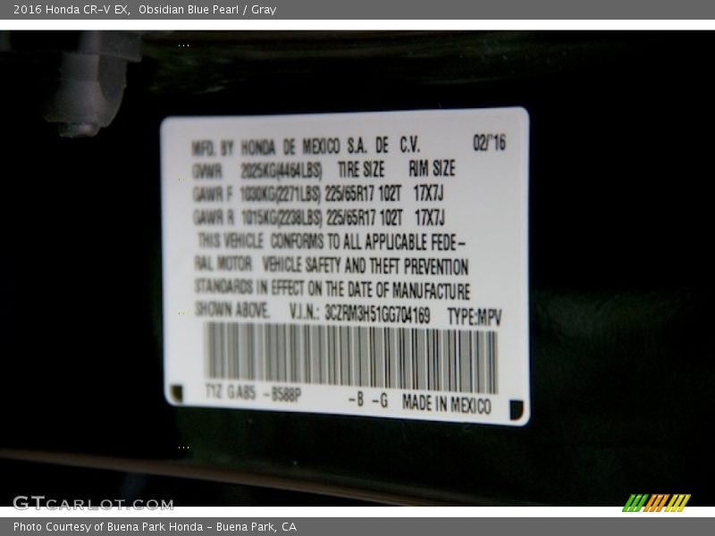 Obsidian Blue Pearl / Gray 2016 Honda CR-V EX