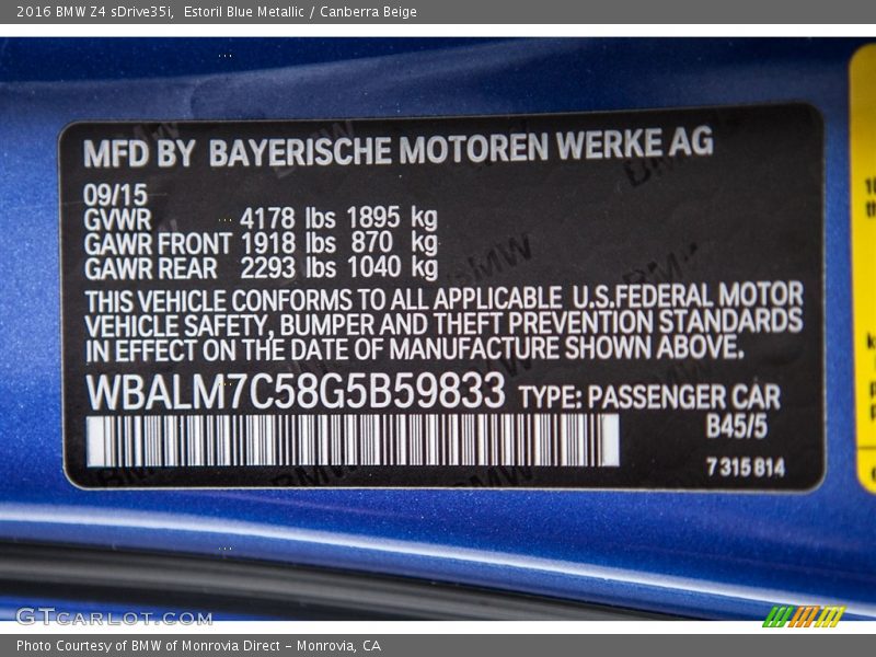 2016 Z4 sDrive35i Estoril Blue Metallic Color Code B45