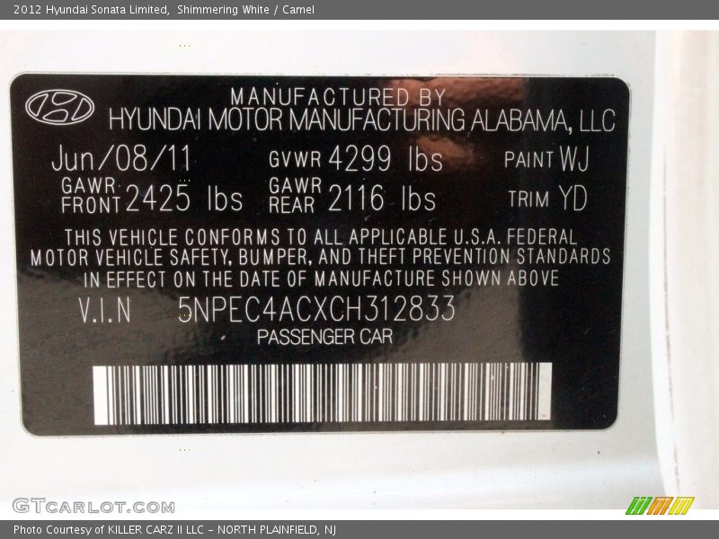 Shimmering White / Camel 2012 Hyundai Sonata Limited
