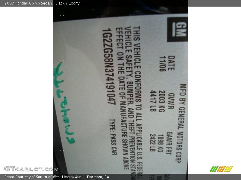 Black / Ebony 2007 Pontiac G6 V6 Sedan